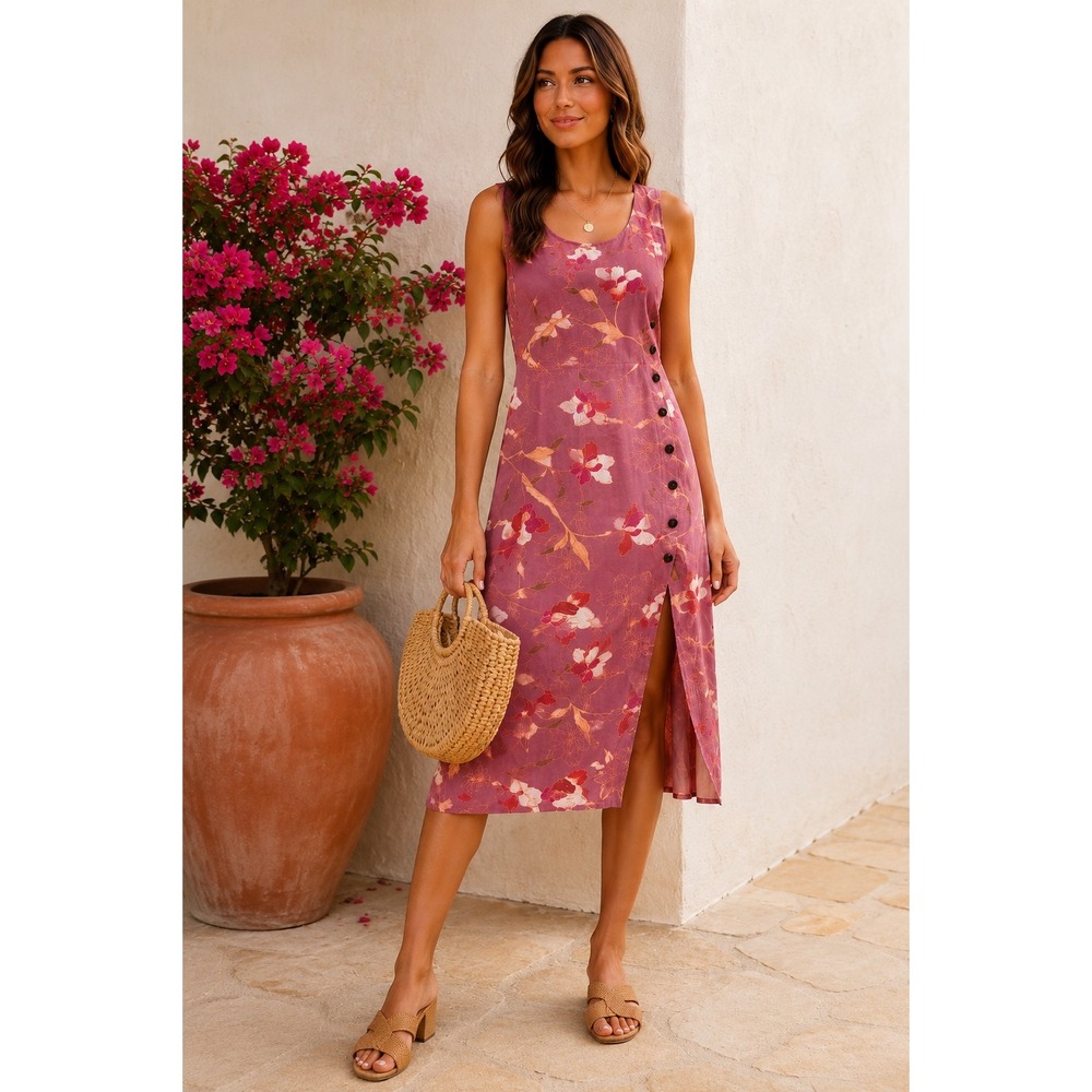 Tavik Floral Midi Dress Side Button Slit Coastal Boho Resort Summer Chic Sz S